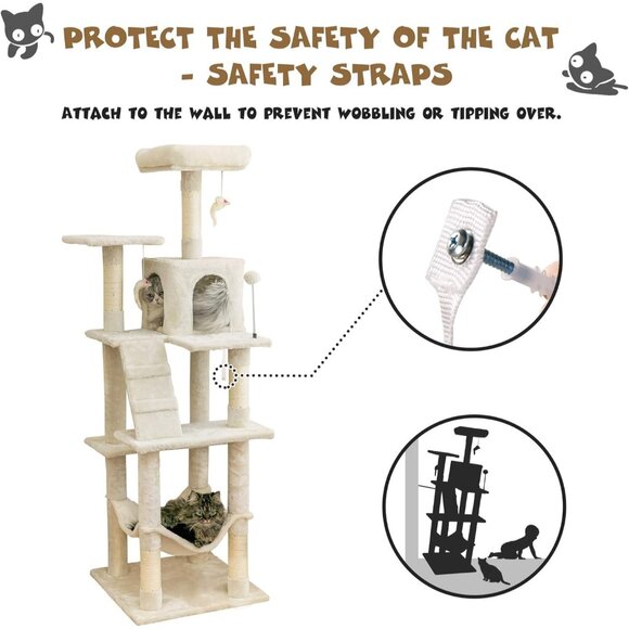 New 63.8in Cat Tree Tower for Large Cats with Hammock, Condo & Scratching Posts - Picture 5 of 6